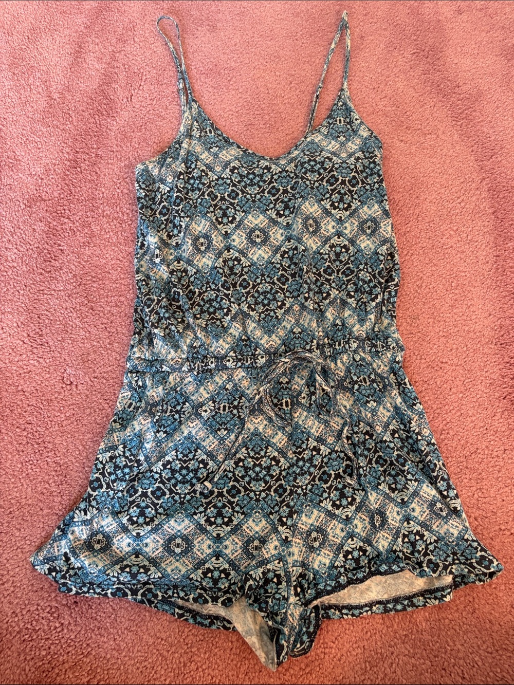 Aeropostale Blue & Ivory Printed Spaghetti Strap Romper Size Small